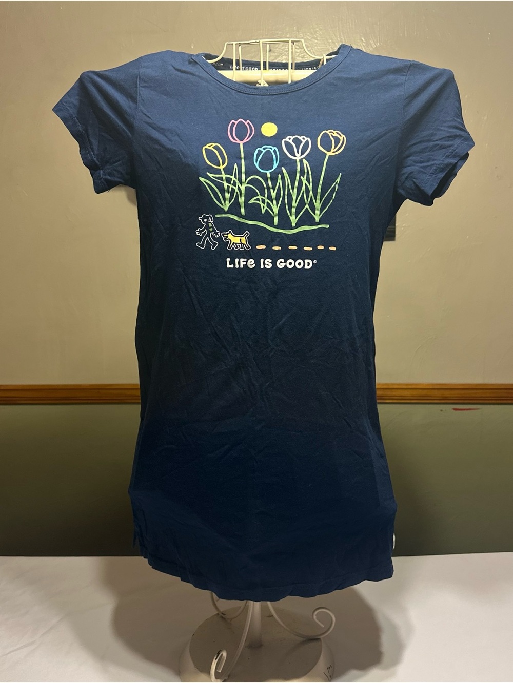 Life Is Good Navy Tee dress / PJ with Colorful Tulip & Dog Graphic